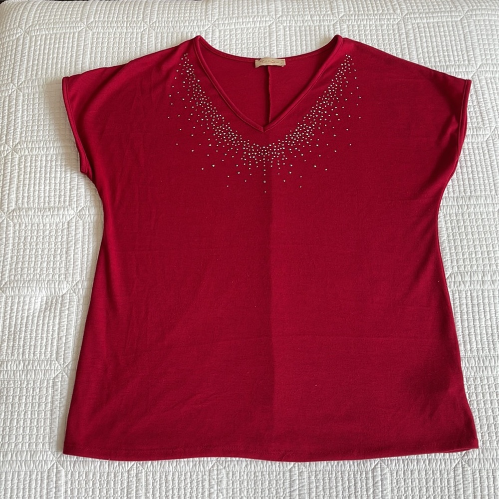 Front of Closet 1X short sleeve V neck top adorned with hematite/silver